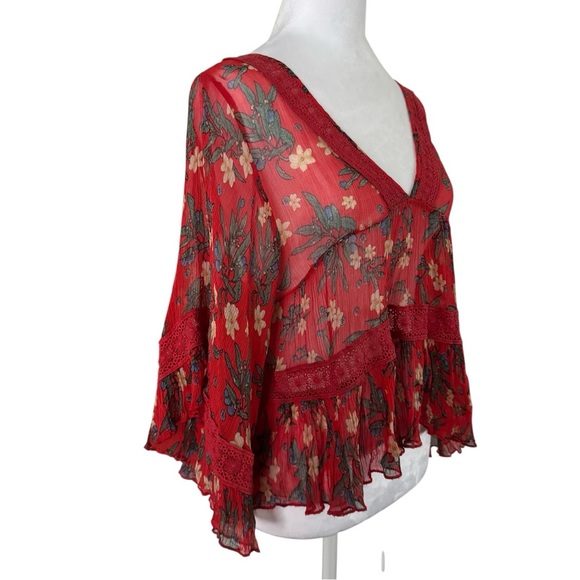 Free People Bright Lights Red Floral Chiffon Boho Peplum Top | S - Picture 5 of 10